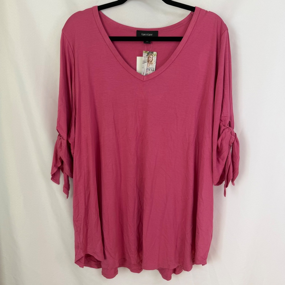 Karen Kane Spring Pink V-Neck Tunic Tee Tie Sleeve Top 3X NWT Soft Luxury